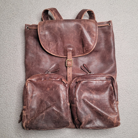 VTG Banana Republic Backpack Brown Leather Travel Safari Bag Knapsack Distressed - Picture 1 of 8